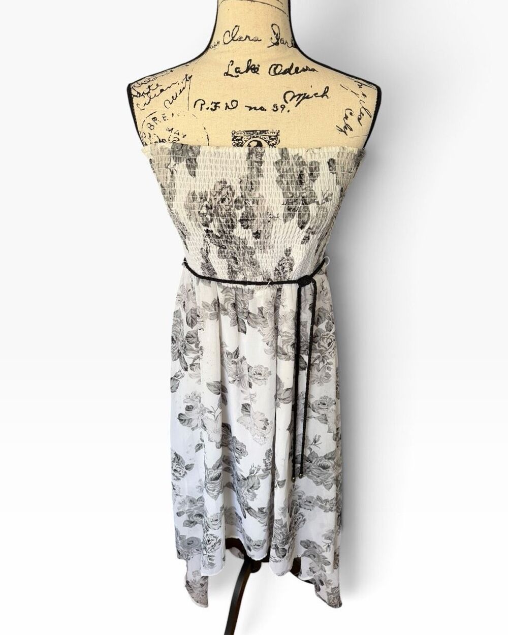 GUESS Strapless Floral Maxi Dress Large Smocked High Low Monochrome White Black